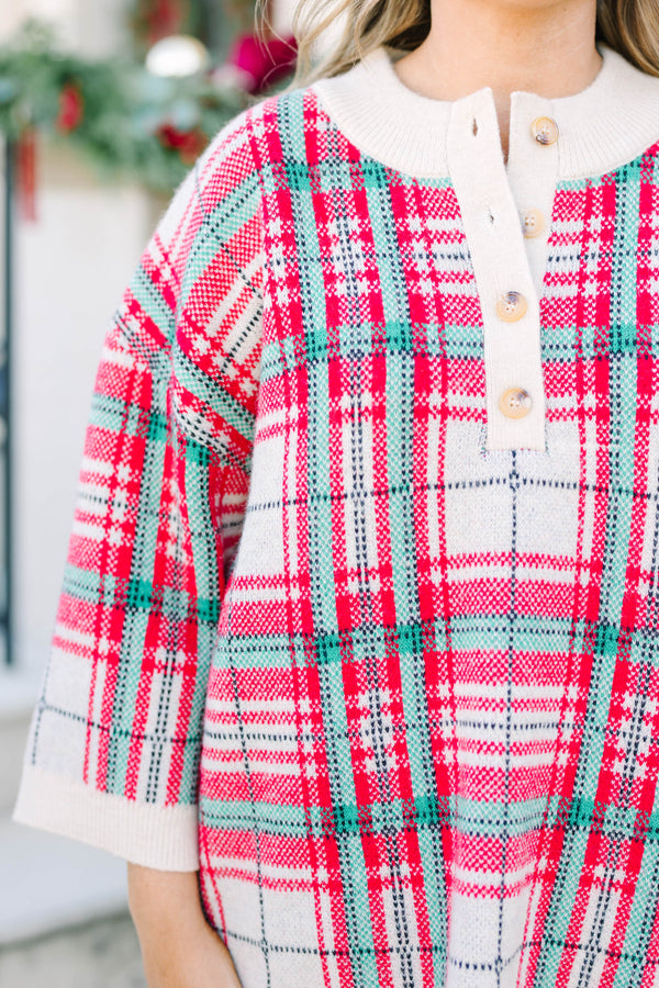 Plus Size taupe plaid sweater with a button-up henley neckline and wide three-quarter sleeves.