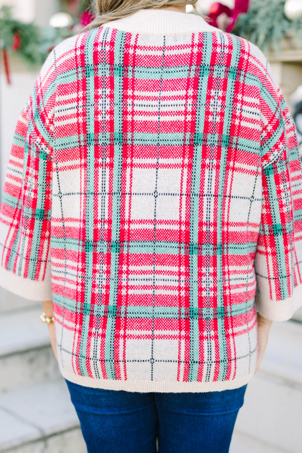 Plus Size taupe plaid sweater with a button-up henley neckline and wide three-quarter sleeves.