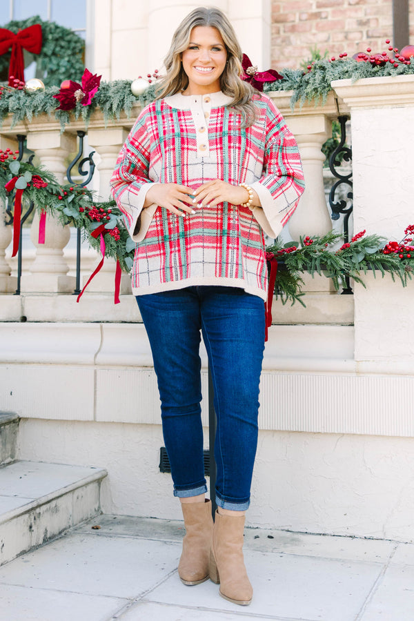 Plus Size taupe plaid sweater with a button-up henley neckline and wide three-quarter sleeves.