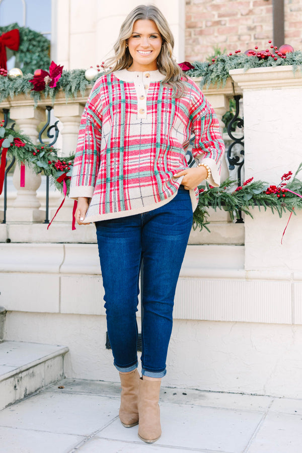 Plus Size taupe plaid sweater with a button-up henley neckline and wide three-quarter sleeves.