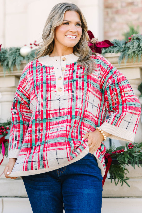 Plus Size taupe plaid sweater with a button-up henley neckline and wide three-quarter sleeves.