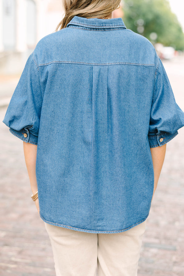 Plus size denim Love Comes Easy Top with a flowy fit, puff sleeves, and button-down front.