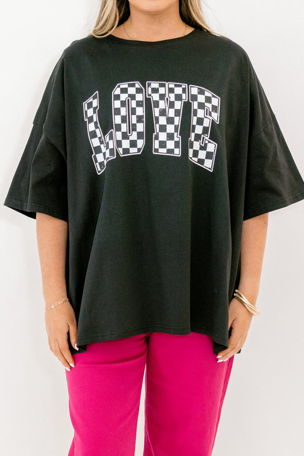 Chic Soul plus size clothing, short-sleeve black boyfriend tee with scoop-neckline with white and black checkered graphic lettering stating 