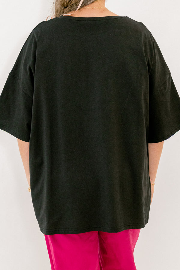 Chic Soul plus size clothing, short-sleeve black boyfriend tee with scoop-neckline with white and black checkered graphic lettering stating 