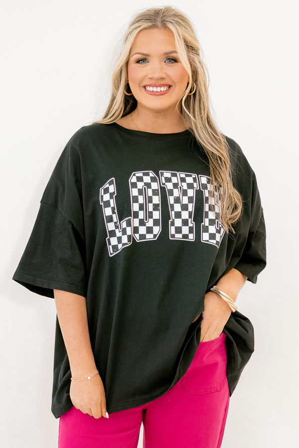 Chic Soul plus size clothing, short-sleeve black boyfriend tee with scoop-neckline with white and black checkered graphic lettering stating 