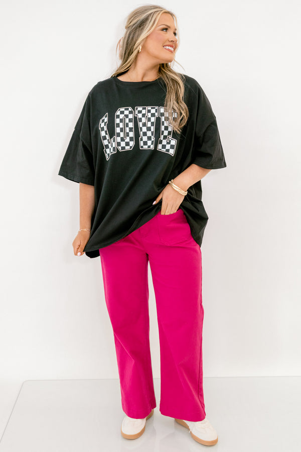 Chic Soul plus size clothing, short-sleeve black boyfriend tee with scoop-neckline with white and black checkered graphic lettering stating 