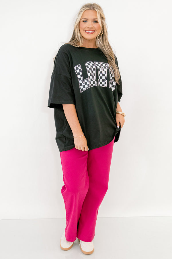 Chic Soul plus size clothing, short-sleeve black boyfriend tee with scoop-neckline with white and black checkered graphic lettering stating 