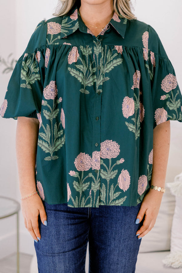Chic Soul plus size clothing, dark green short flutter sleeve top with light pink floral print