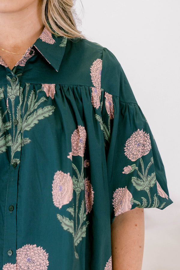 Chic Soul plus size clothing, dark green short flutter sleeve top with light pink floral print