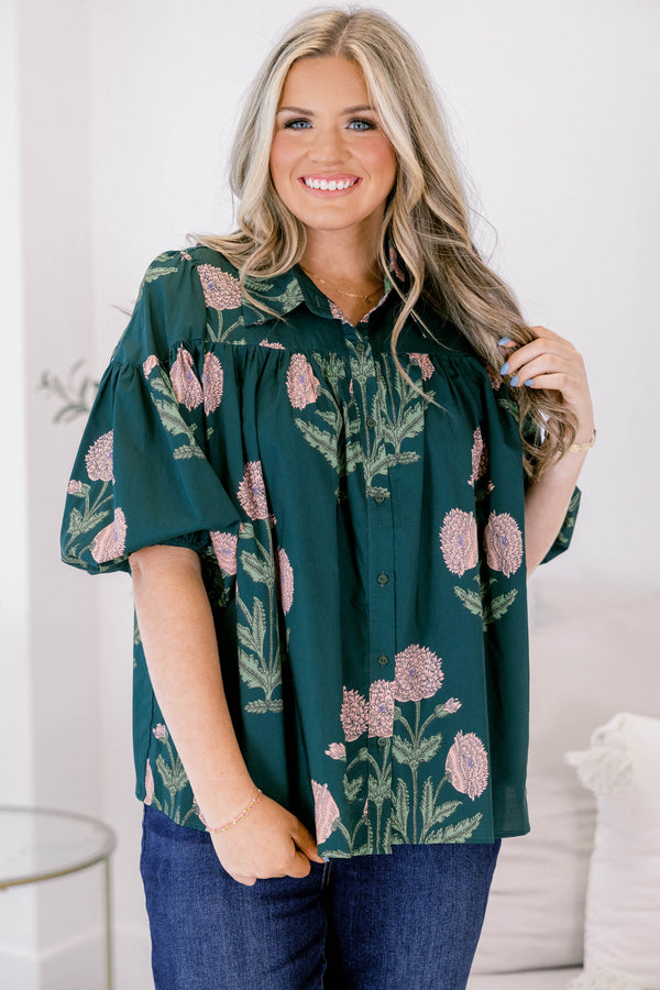 Chic Soul plus size clothing, dark green short flutter sleeve top with light pink floral print