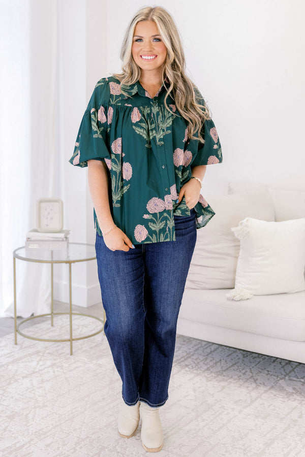 Chic Soul plus size clothing, dark green short flutter sleeve top with light pink floral print