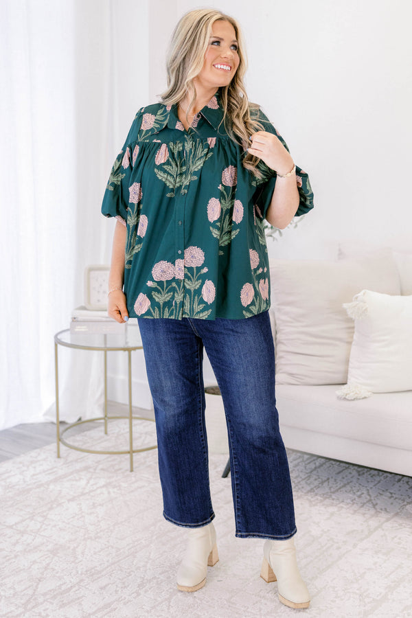 Chic Soul plus size clothing, dark green short flutter sleeve top with light pink floral print