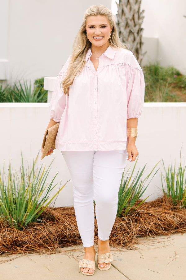 Chic Soul plus size clothing, light pink half bubble sleeve button up collared blouse 