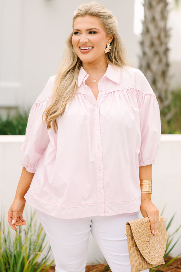 Chic Soul plus size clothing, light pink half bubble sleeve button up collared blouse 