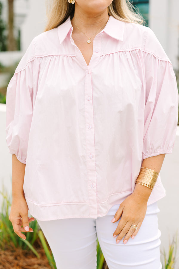 Chic Soul plus size clothing, light pink half bubble sleeve button up collared blouse 