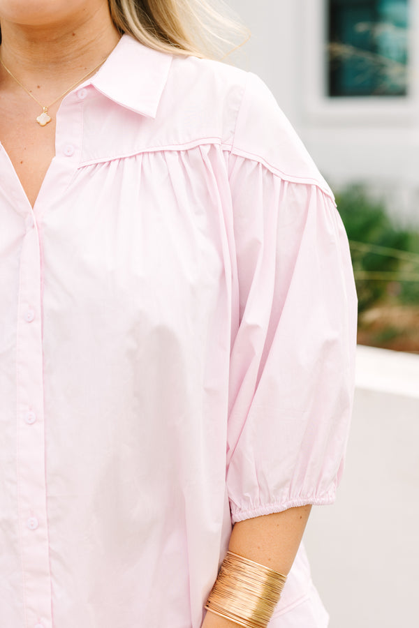 Chic Soul plus size clothing, light pink half bubble sleeve button up collared blouse 