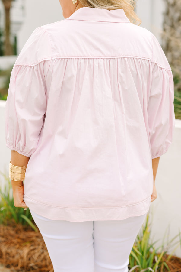 Chic Soul plus size clothing, light pink half bubble sleeve button up collared blouse 