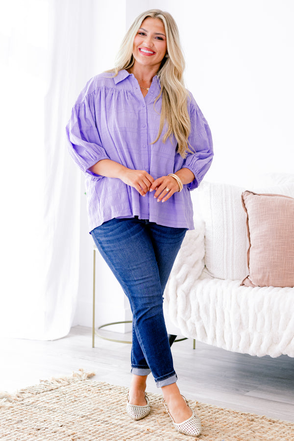 Chic Soul plus size clothing, light violet puff sleeve collared button down blouse