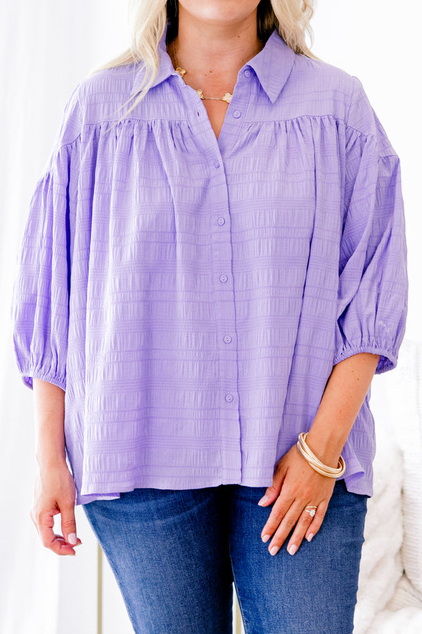 Chic Soul plus size clothing, light violet puff sleeve collared button down blouse