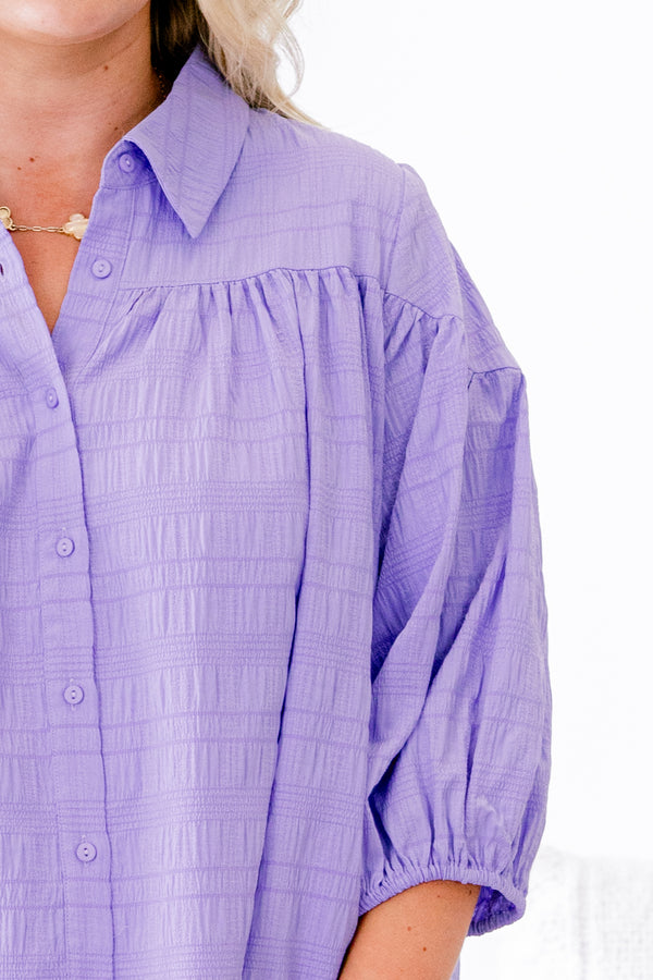 Chic Soul plus size clothing, light violet puff sleeve collared button down blouse