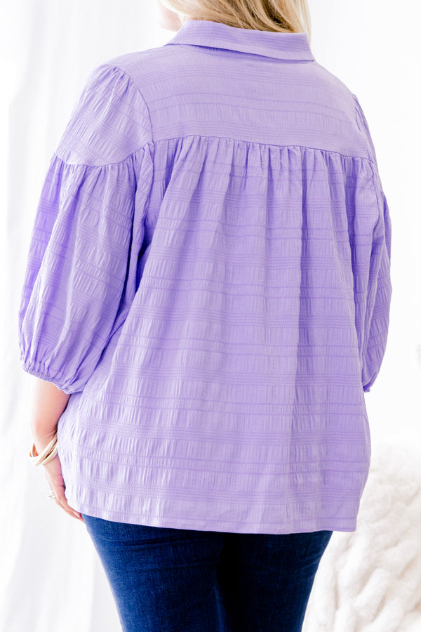 Chic Soul plus size clothing, light violet puff sleeve collared button down blouse