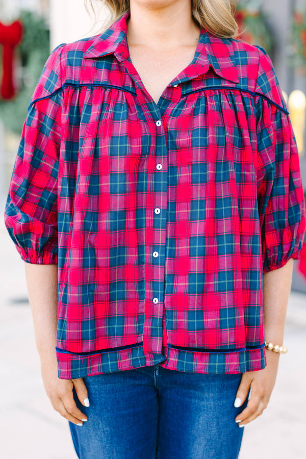 Plus Size red and green plaid button-down blouse with a collar, gathered yoke, and 3/4 sleeves.