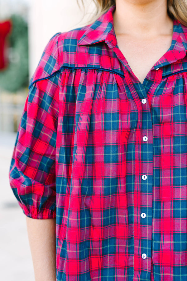 Plus Size red and green plaid button-down blouse with a collar, gathered yoke, and 3/4 sleeves.