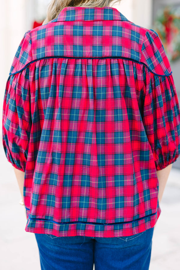 Plus Size red and green plaid button-down blouse with a collar, gathered yoke, and 3/4 sleeves.