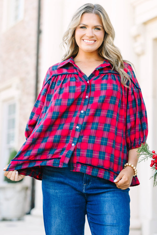 Plus Size red and green plaid button-down blouse with a collar, gathered yoke, and 3/4 sleeves.