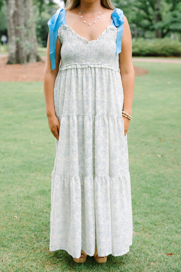 Chic Soul plus size clothing, white sleeveless maxi dress with blue satin straps with smocked top with scoop neckline with tiered skirt detail with toile pattern 