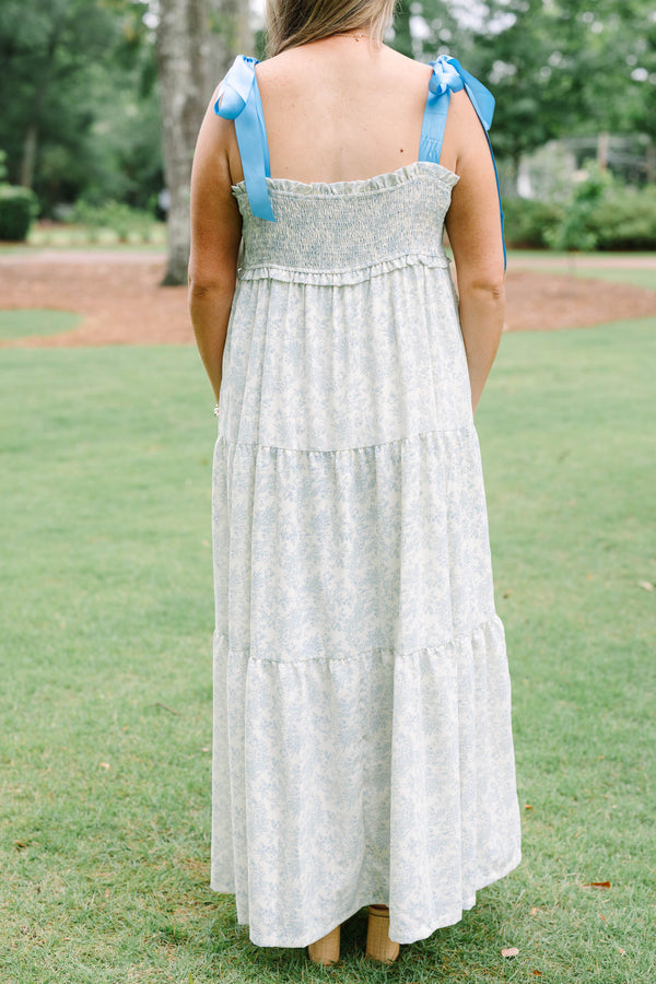 Chic Soul plus size clothing, white sleeveless maxi dress with blue satin straps with smocked top with scoop neckline with tiered skirt detail with toile pattern 