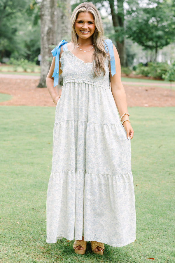 Chic Soul plus size clothing, white sleeveless maxi dress with blue satin straps with smocked top with scoop neckline with tiered skirt detail with toile pattern 