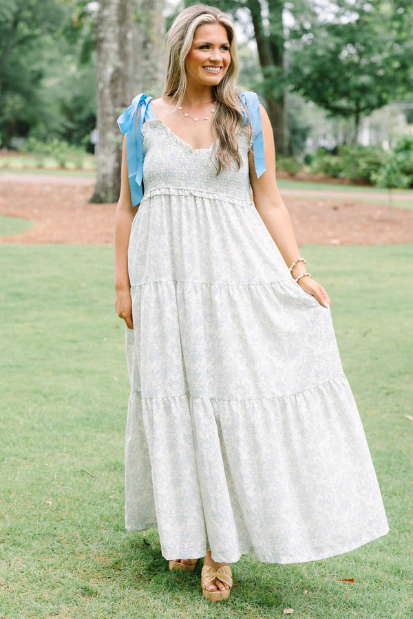 Chic Soul plus size clothing, white sleeveless maxi dress with blue satin straps with smocked top with scoop neckline with tiered skirt detail with toile pattern 