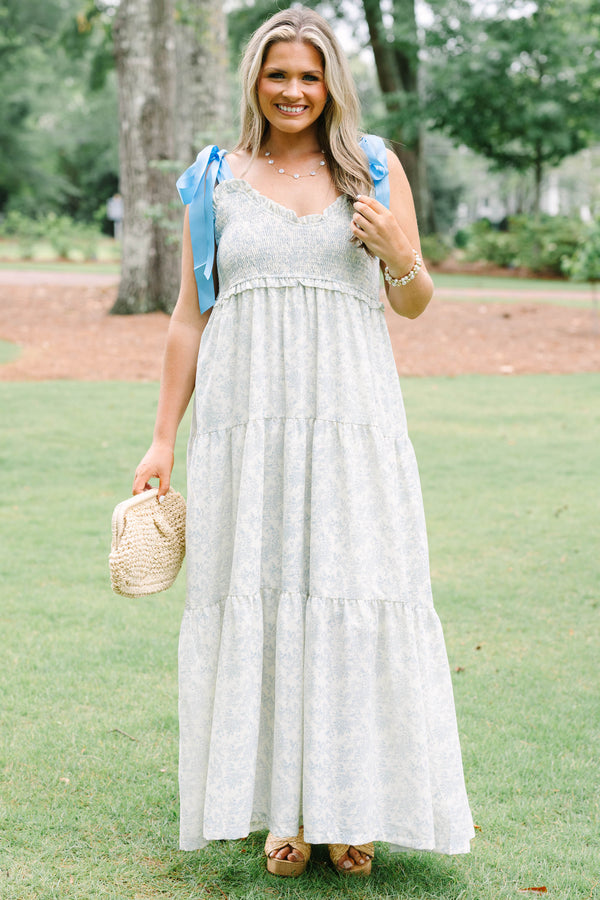 Chic Soul plus size clothing, white sleeveless maxi dress with blue satin straps with smocked top with scoop neckline with tiered skirt detail with toile pattern 