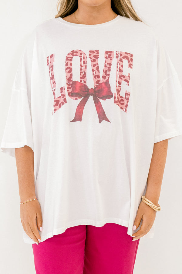 Chic Soul plus size clothing, white short sleeve boyfriend tee with pink leopard print 