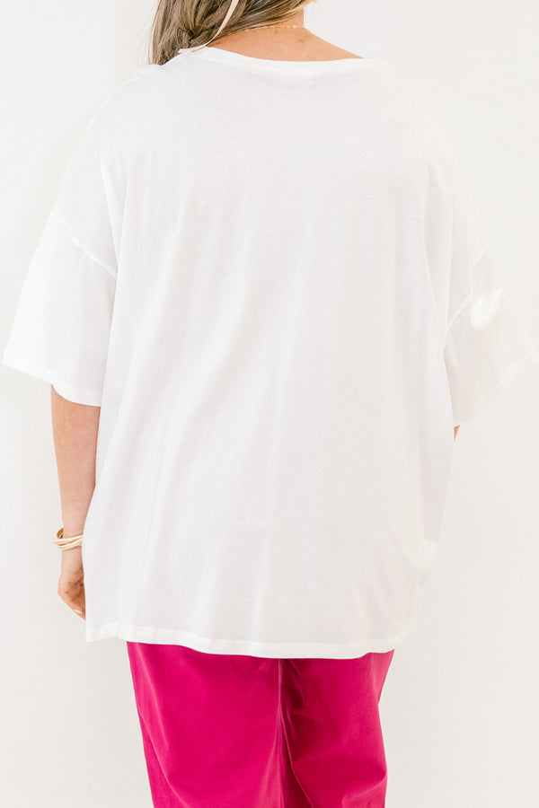 Chic Soul plus size clothing, white short sleeve boyfriend tee with pink leopard print 