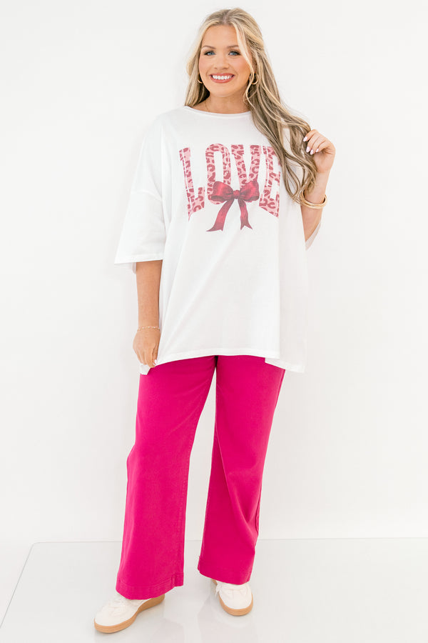 Chic Soul plus size clothing, white short sleeve boyfriend tee with pink leopard print 