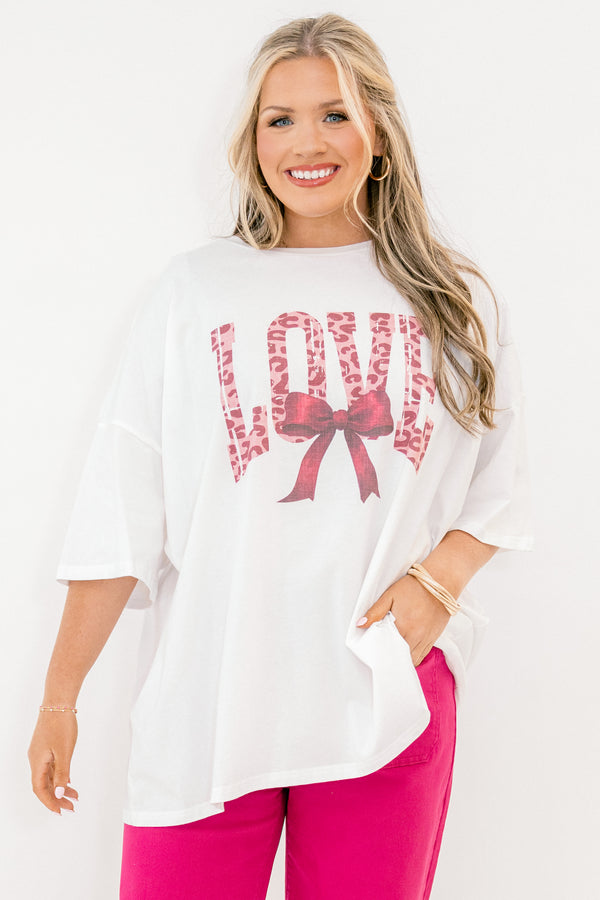 Chic Soul plus size clothing, white short sleeve boyfriend tee with pink leopard print 