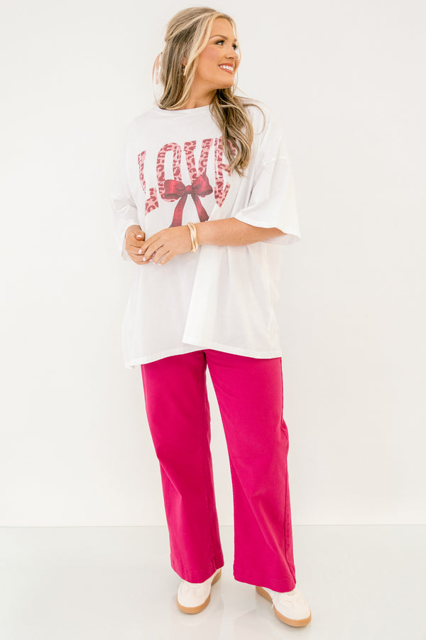 Chic Soul plus size clothing, white short sleeve boyfriend tee with pink leopard print 