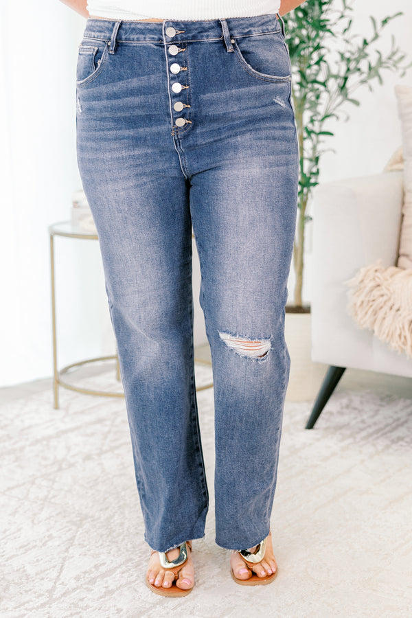 Chic Soul plus size clothing, medium wash straight leg denim blue jeans with rip in one knee and button fly closure