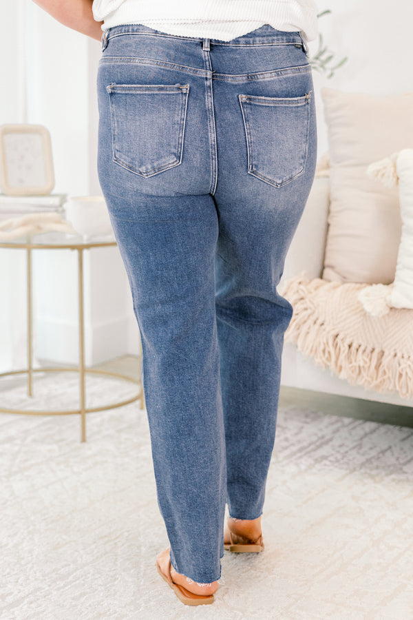 Chic Soul plus size clothing, medium wash straight leg denim blue jeans with rip in one knee and button fly closure
