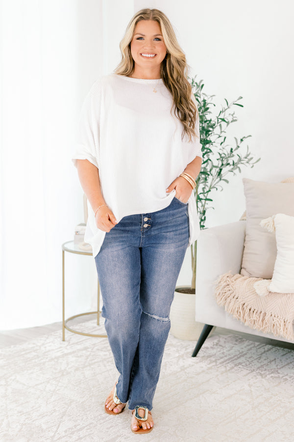 Chic Soul plus size clothing, medium wash straight leg denim blue jeans with rip in one knee and button fly closure