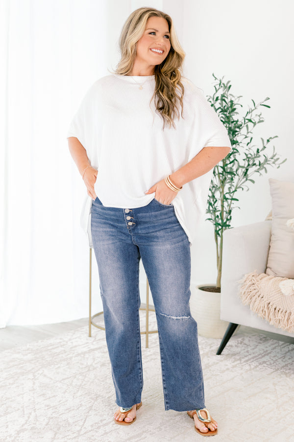 Chic Soul plus size clothing, medium wash straight leg denim blue jeans with rip in one knee and button fly closure