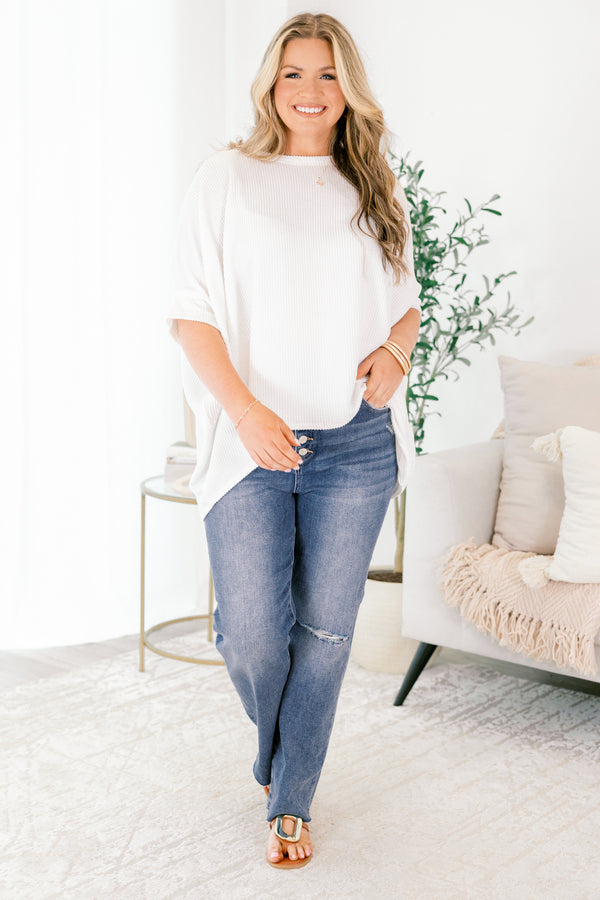 Chic Soul plus size clothing, medium wash straight leg denim blue jeans with rip in one knee and button fly closure