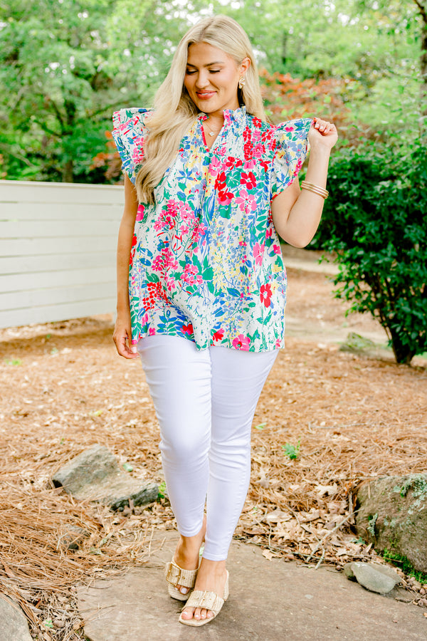 Chic Soul plus size clothing, white short sleeve top with floral print with ruffle sleeves and v cutout on neckline