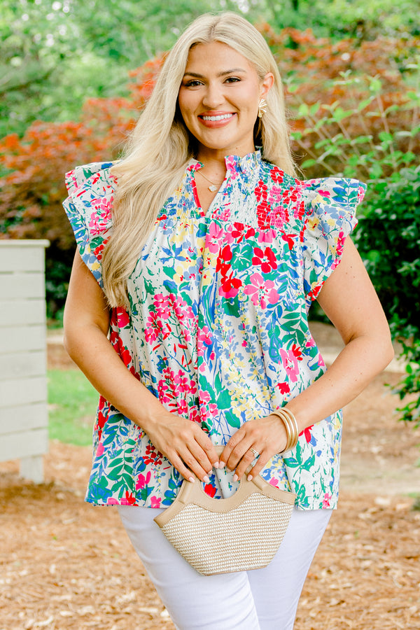Chic Soul plus size clothing, white short sleeve top with floral print with ruffle sleeves and v cutout on neckline