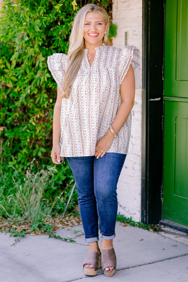 Chic Soul plus size clothing, brown top with flutter sleeves and a floral pattern 