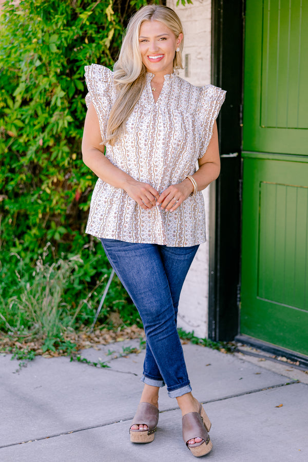 Chic Soul plus size clothing, brown top with flutter sleeves and a floral pattern 