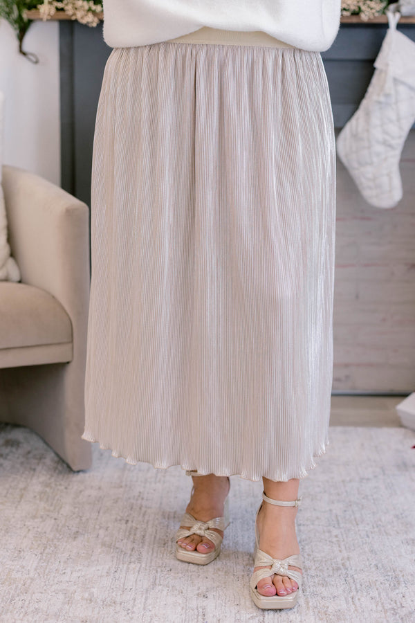 Chic Soul plus size clothing, cream and gold threaded midi skirt with stretchy waistband skirt