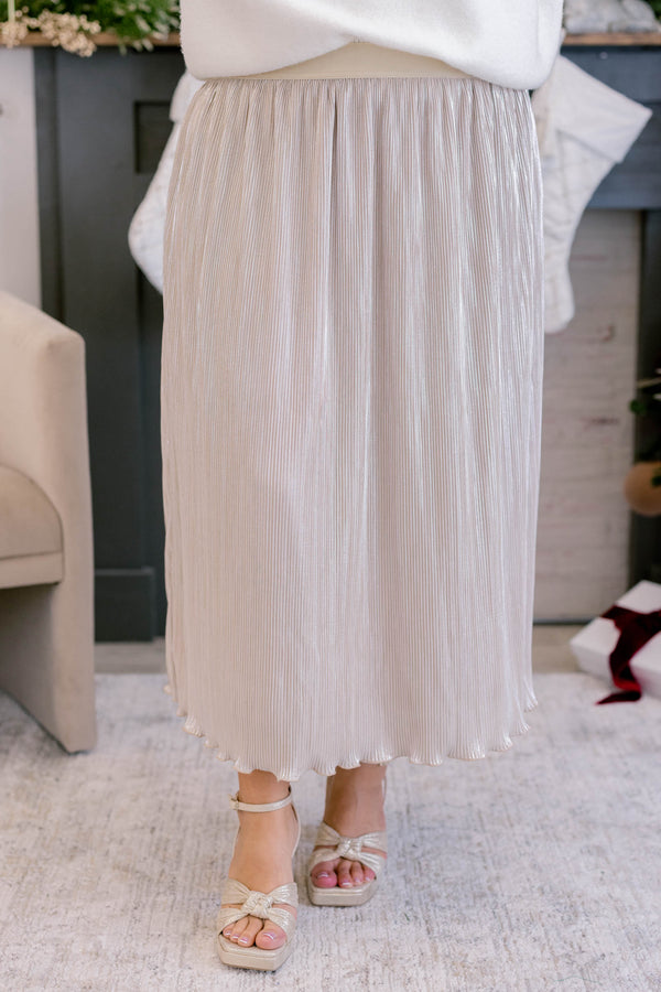 Chic Soul plus size clothing, cream and gold threaded midi skirt with stretchy waistband skirt